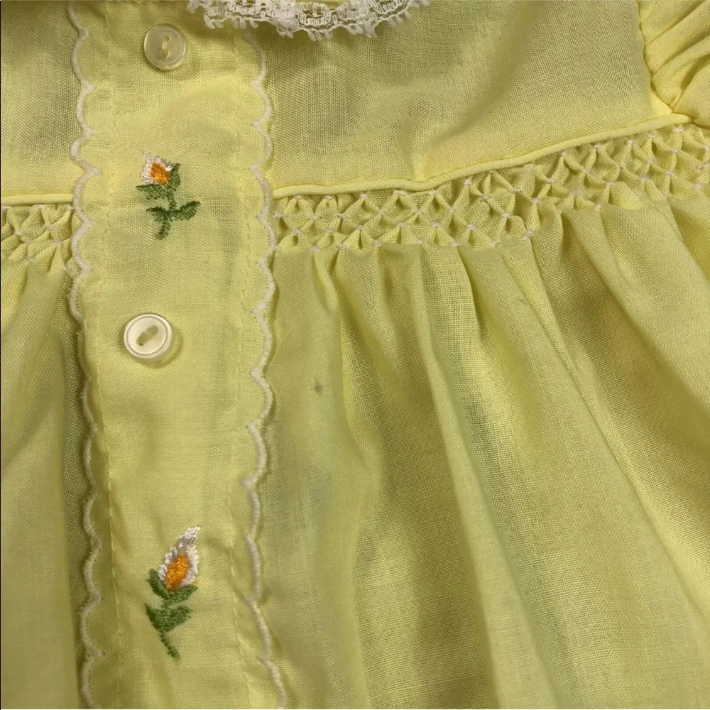 Vintage Baby Girls Yellow Smocked Floral Ruffle Dress